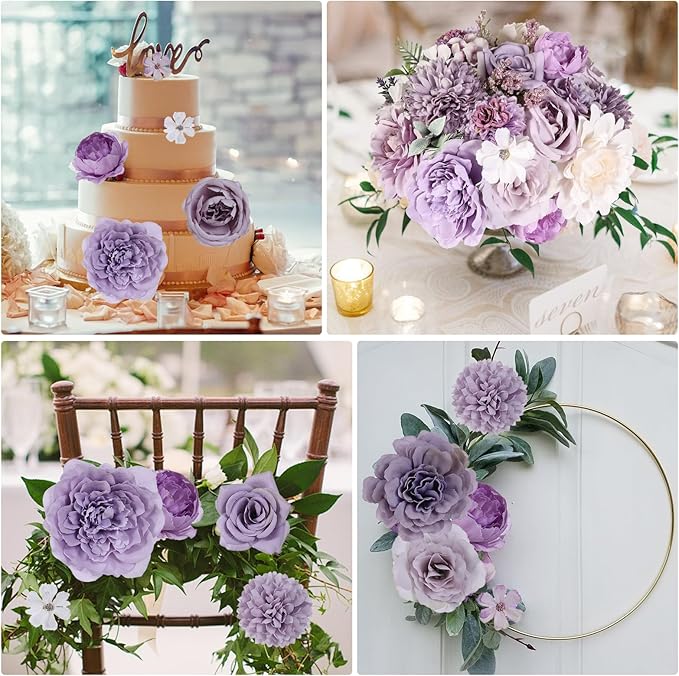 Artificial Flowers Combo Purple Rose Hydrangea Fake Flowers with Stem for DIY Wedding Bouquets Centerpieces Arrangements Bridal Baby Shower Home Decor