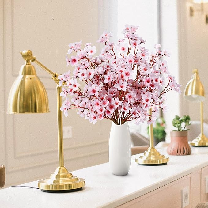 Sggvecsy Artificial Cherry Blossom Flowers 4 Pcs Faux Cherry Blossom Stems Faux Silk Cherry Blossom Branches 15.7’’ Fake Peach Flowers for Vase Arrangements Home Wedding Table Decor (Pink)