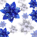 Geosar 24 Christmas Glitter Artificial Poinsettia Flowers Xmas Poinsettia Wedding Flowers Decorations Xmas Tree Ornaments with Clips for Party Favors, 6 Inch, 4 Inch, 3 Inch (Blue and Sliver)