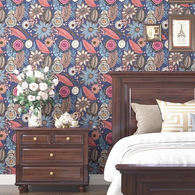 Blue Pink Wallpaper Peel and Stick,Vintage Boho Floral Contact Paper 17.5" x 393", Retro Antique Botanical Flowers Wall Paper Self Adhesive Removable Waterproof for Bathroom Shelves Cabinet Table