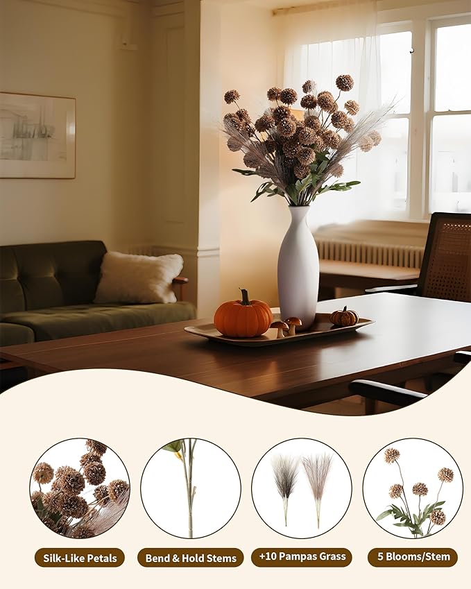 Faux Fall Flowers for Vase Fake Mums Artificial 10 Stems +10 Branches Pampas Grass,Long Stems Silk Flowers Home Decor,Faux Floral Pompon Balls For Table,Halloween Centerpieces,Wedding Arrangements