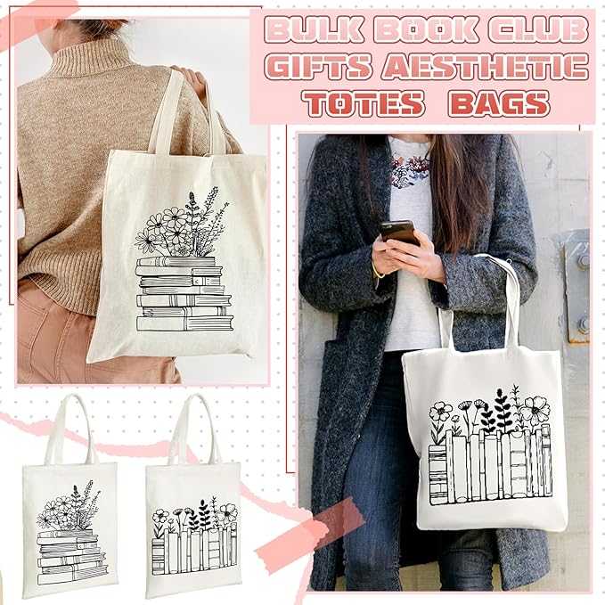 Sweetude 8 Pcs Christmas Book Lovers Club Gifts Bulk Canvas Tote Bags Bookish Librarian Reader Gift for Women Teacher Present(Basic Style)