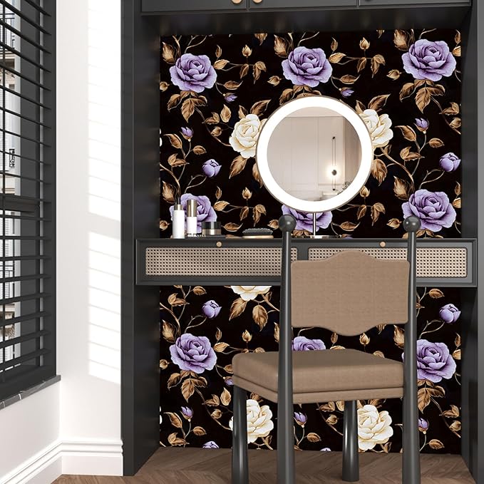 Golden Floral Wallpaper Peel and Stick Vintage Purple Gold Rose Contact Paper Self Adhesive Removable Retro Dark Flower Wall Mural for Bedroom Walls Shelves Cabinet Table Decor 17.5" x 118"
