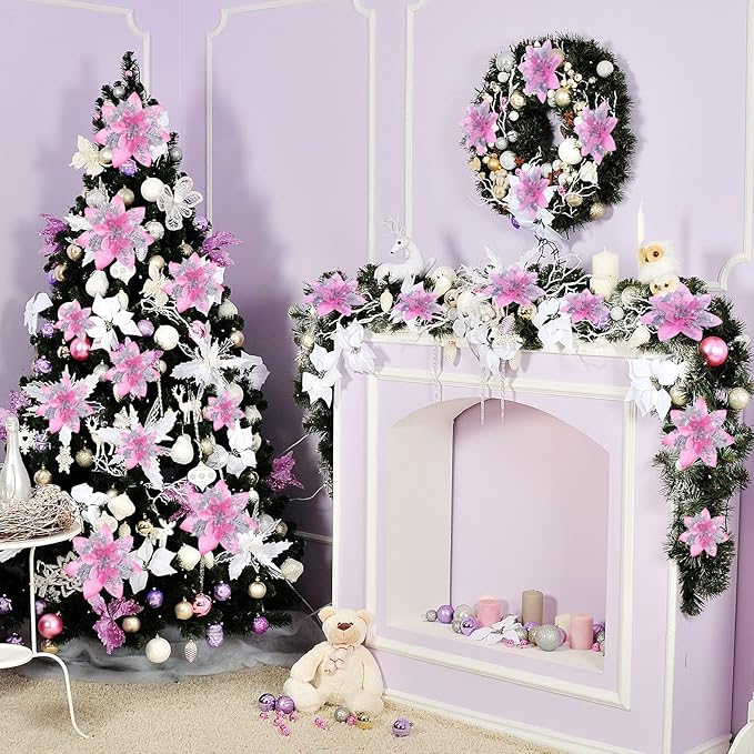 Geosar 36 Pcs Christmas Glitter Artificial Poinsettia Flowers Xmas Poinsettia Artificial Wedding Flowers Decorations Xmas Tree Ornaments with Clips for Party, 6 Inch, 4 Inch, 3 Inch(Pink and Silver)