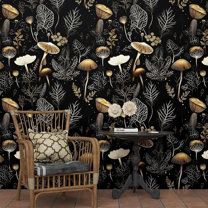 Boho Wallpaper Peel and Stick Dark Floral Contact Paper 17.5" x 197" Vinyl Self Adhesive Vintage Mushrooms Wall Mural Leaf Wall Paper for Room Countertop Drawer Decor(Golden,Black)
