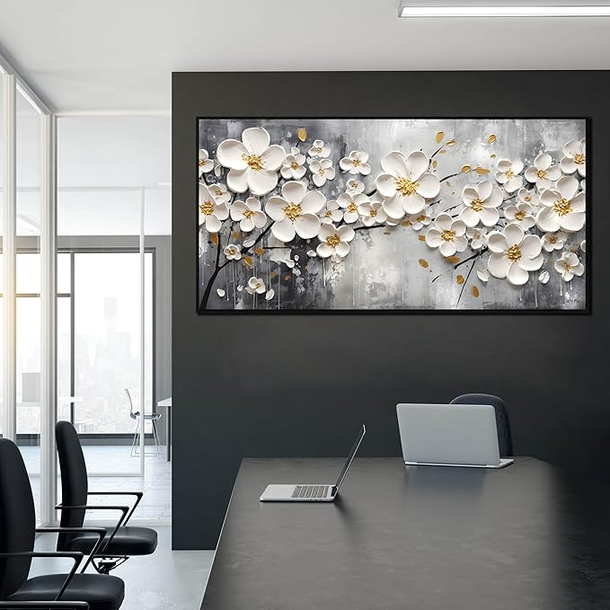 Flowers Canvas Wall Art for Bedroom - White Art Paintings for Wall Living Room - Framed Wall Art for Office Large Size 29" x 59"