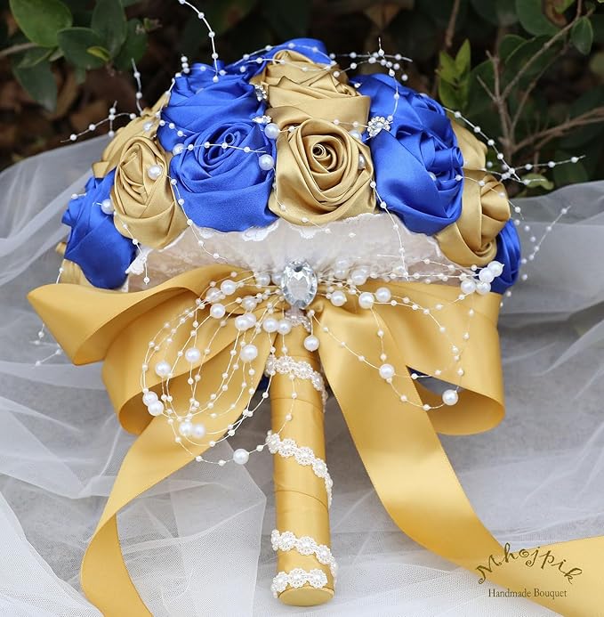 Bridal Wedding Bouquet Round Bling Brooch Bouquet Throw Toss Artificial Rose Flower Bunch for Bride Bridesmaid Wedding Quinceanera(Royal Blue & Gold, 8.7")