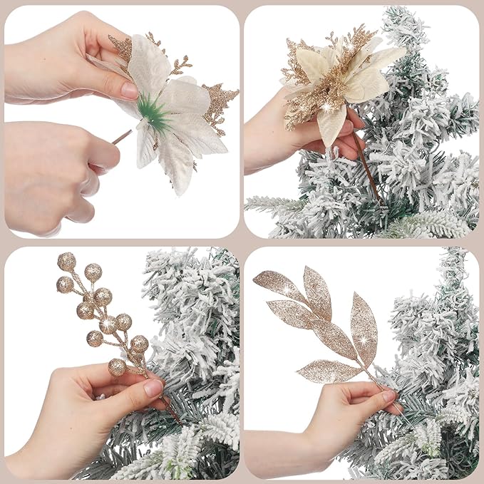 60 Pcs Christmas Glitter Branches 6 Styles Artificial Christmas Picks Berries Stems Poinsettia Flowers Pine Needles Floral Twig Spray for Xmas Tree Ornaments DIY Wreath Garland(Champagne)