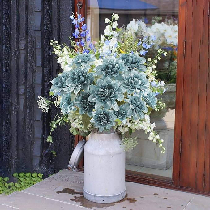 Uieke 6PCS Artificial Daisy Mums Flowers with Stem, Silk Dahlia Flowers Arrangement for Home Party Wedding Bouquet Fall Winter Table Centerpieces Decor (Blue)