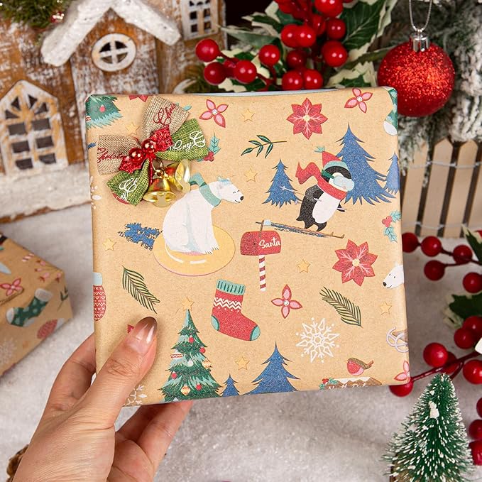 MAYPLUSS Christmas Wrapping Paper Roll - 17IN X 33FT - Kraft Gift Wrapping Paper Featuring Cute Polar Bear Penguin Christmas Tree Holly Reversible Cut Lines for Kids, Holiday, New Year