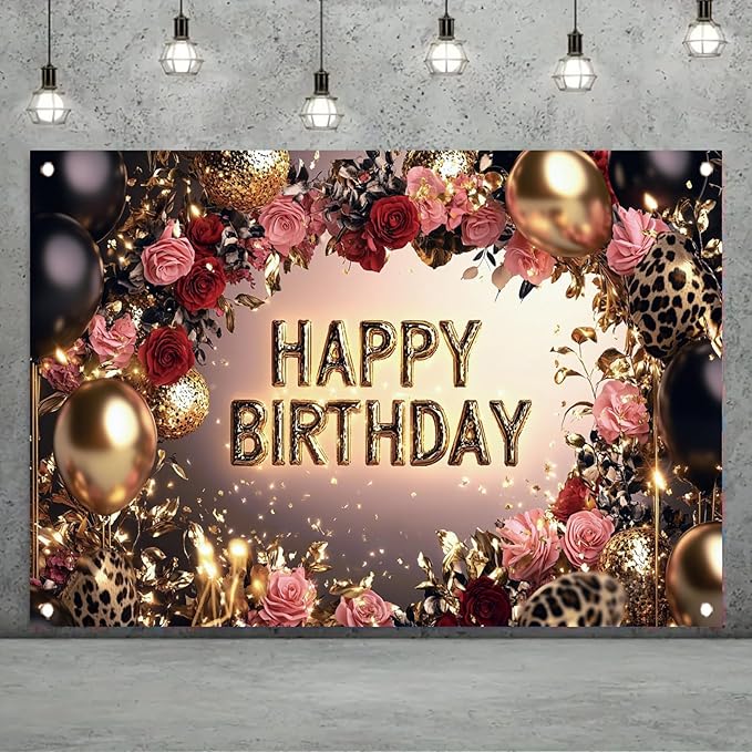 Red and Black Happy Birthday Backdrop Banner Gold Balloons Rose Flowers Leopard Print Party Decorations Photography Background Women Girls Birthday Photo Booth Props 71x43 Inch