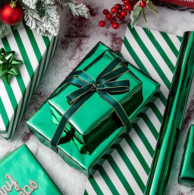 Merture Metallic Dark Green Wrapping Paper Roll - 17 In X 32.8 Ft(46.5 sq.ft.) with Stripe