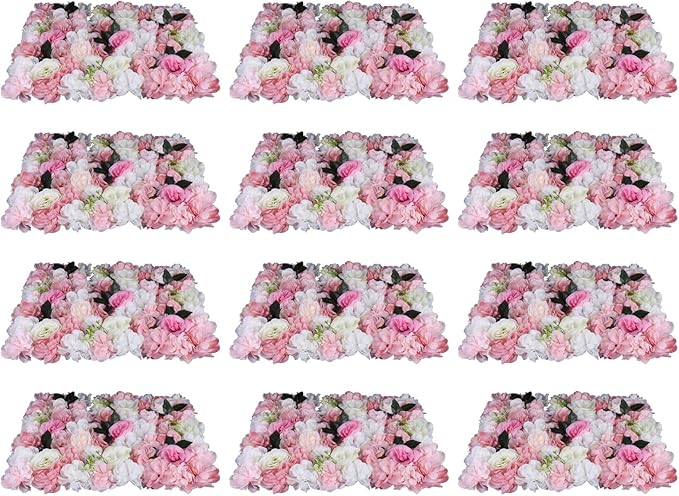 12Pcs 15.75" x 23.62x 0.79 Artificial Flower Wall Panels,Flower Wall Mat Silk Flower Panels for Outdoor Garden Backyard Fence Fence Privacy Screen and Indoor Wall Decor(12Pcs White+Pink)