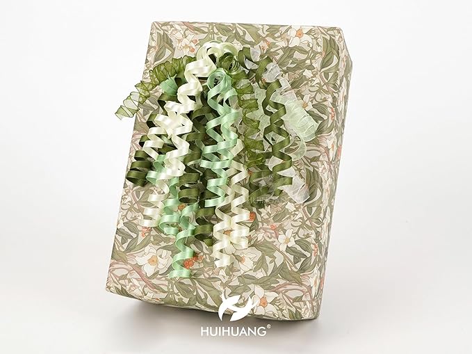 HUIHUANG Green Bows for Gift Wrapping Moss/Sage/Ivory Curly Bows with Self Adhesive & Twist Tie, 7 inch Sheer Satin Ribbon Bow for Presents, Gift Basket, Wedding Decor, Party Favors- 6 Counts