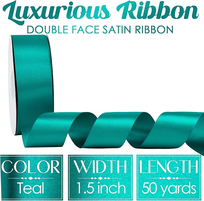MEEDEE Teal Satin Ribbon - 1.5 Inch Double Faced, Perfect for Christmas Tree, Weddings & Flower Bouquets