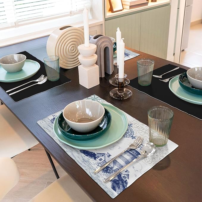 Nautical Placemats, Simple Hand Painted Blue Ocean Sailboat Map Lighthouse Compass Print Washable Fabric Placemats Table Kitchen Dining Party 12x18 Inch Set of 6