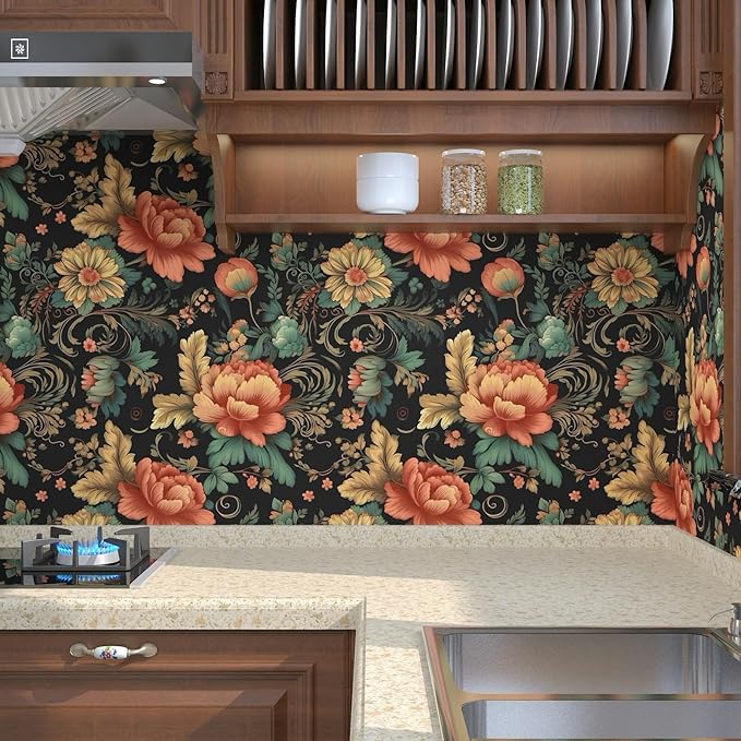 Red Colorful Floral Peel and Stick Wallpaper Vintage Contact Paper Vibrant Flower Wall Paper for Backsplash Cabinet Accent Walls Removable Renter Friendly 17.5 x 196.5In