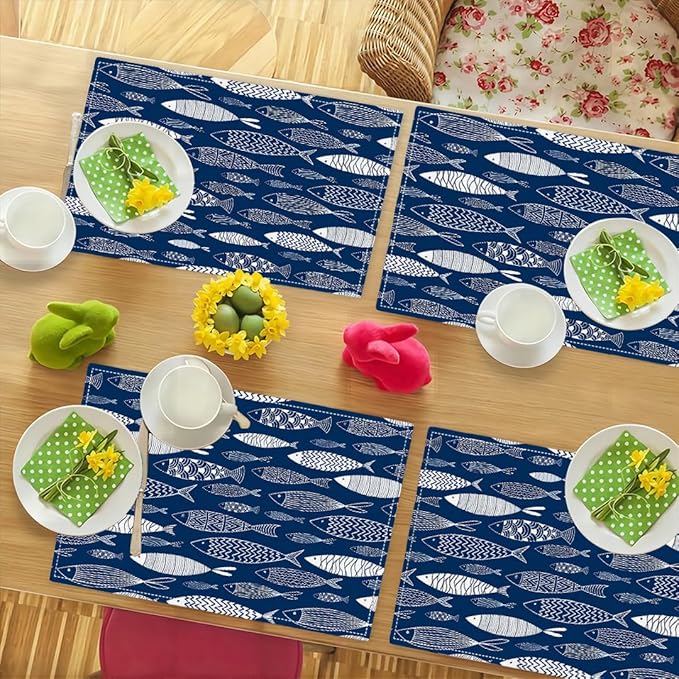 Japanese Fish Placemats Set of 4, Blue Fishing Country Double-Sided Table Mats for Kitchen Dining Room Home Party Indoor Decor 4 PCS 12x18 Inch