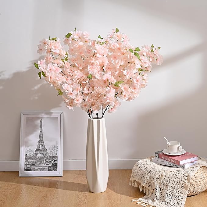Sunm Boutique Champagne Faux Cherry Blossom Branches, Artificial Cherry Blossom Stems Cherry Blossom Flowers Vase Arrangements for Wedding Home Party Kitchen Decor, Set of 3