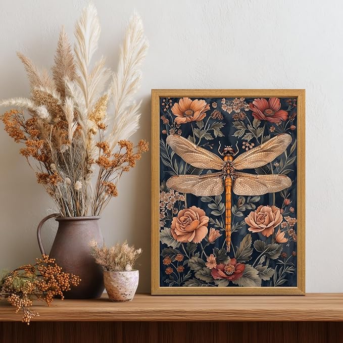 LLEEMPI William Morris Wall Art, Vintage Dragonfly Floral Wall Decor, Abstract Insect Flower Canvas Painting, Nature Botanical Poster Print for Living Room Bedroom Bathroom Office Wood Framed 8x10 inch