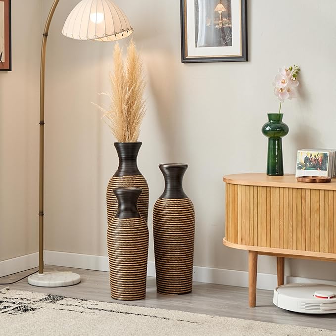 Floor PVC Decorated Vases Set of 3 for Gorgeous Home Decoration Large Classic Neat PVC Vases 19.6in/23.6in/27.5in Height(Beige+Black)