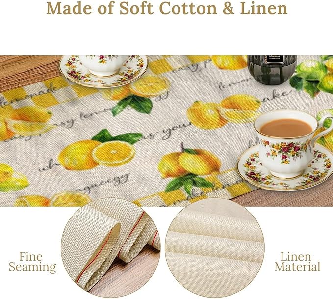 Lemon Table Runner, Summer Yellow Fruits Green Leaves Kitchen Dinning Table Decoration for Indoor Outdoor Home Party Decor 13x36 in