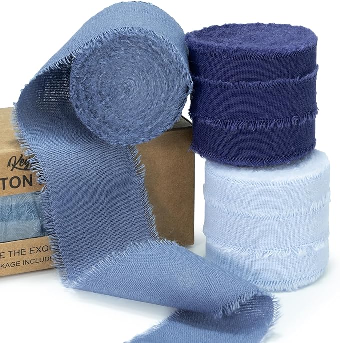 Blue Ribbon 1-1/2 Inch x 15 Yards Handmade Cotton Frayed Fringe Fabric Ribbons for Crafts Flower Bouquets Wedding Baby Shower Home DIY Decor