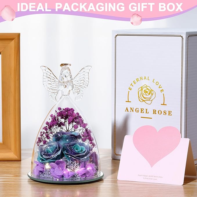 Christmas Rose Gifts for Women Preserved Real Flower in Glass Angel Figurines Roses for Delivery Prime Birthday Gifts for Mom Grandma Girlfriend Wife Her, GlitterBluePurple