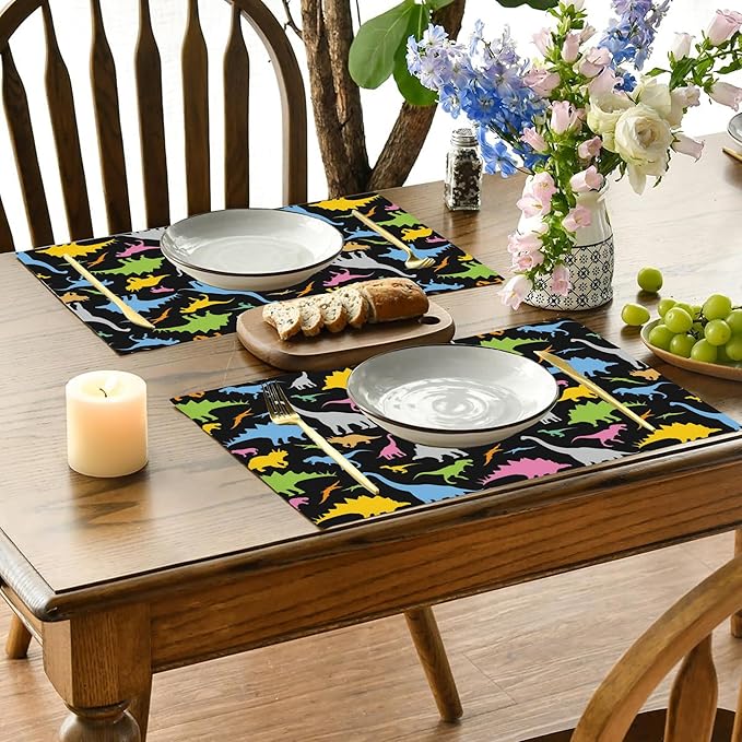 Colorful Dinosaur Placemats Set of 4, 12x18 Inch Non-Slip Washable Heat Resistant Linen Fabric Table Mats,Place Mats for Holiday Party