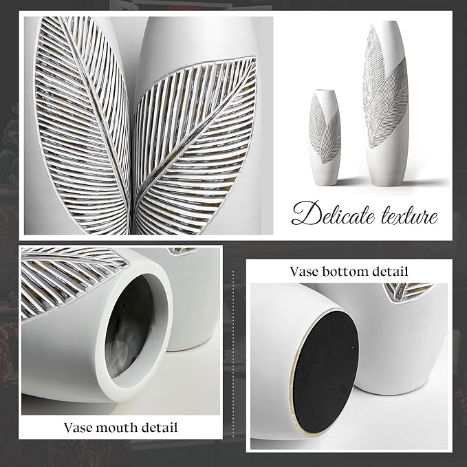 Modern Large Floor Vase White Home Decor Flower Vases 17.7 Inch Tall Resin Vase Tree Leaf Texture Decor Vases for Entryway Living Room Mantel