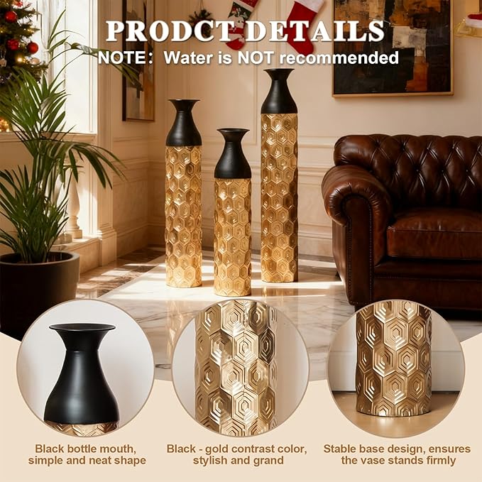 Set of 3 Large Floor Vases, Modern Gold Black Metal Vases for Home Decor, Glazed Decorated Tall Vases 24.8 29 33.8 Inch for Wedding Living Room