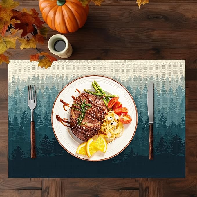 Misty Forest Placemats Set of 6,Washable Heat Resistant 12×18 Inch Linen Table Mats Natural Landscape Place Mats for Party Outdoor Dining Décor