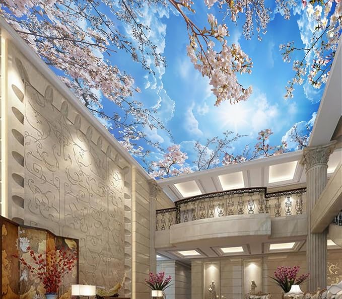 Eierme-Pink Cherry Blossoms and Blue Sky and White Clouds Ceiling Peel and Stick 160" x 114"