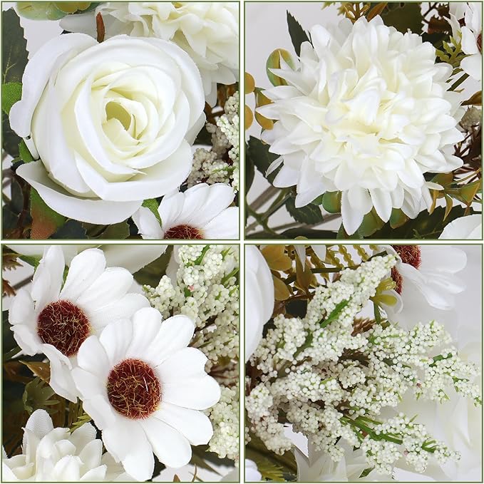 Dremisland Artificial Flowers Like Real Artificial Bouquet 4 Packs Silk Artificial Roses Bouquet with Daisy Chrysanthemum White Flowers for Centerpiece Table Wedding Party Home Decor