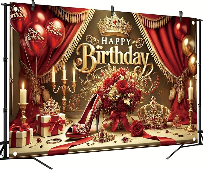 Starlit Patio Red High Heel Backdrop for Woman's Birthday Party, 71 x 43 Inch, Polyester Fabric