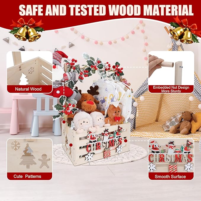 XIANMEI Christmas Wooden Baby Shower Crate Closet, Baby Basket With Artificial Wreath Garland & Accessories - Baby Shower Basket for Newborn Boys Girls, Pregnancy Gifts for New Parents