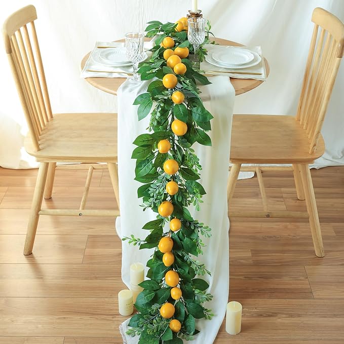 Mizii Artificial Lemon Garland 6FT Fake Fruit Lemons Garland Hanging Vines with Green Leaves Greenery Decorations for Kitchen Table Centerpieces Room Wall Party Wedding Birthday Decor (Lemon)