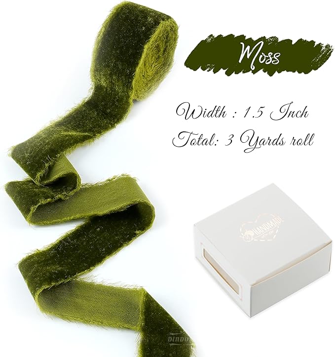 Moss Green Silk Velvet Ribbon 1.5 Inch Rustic Style Raw Edge Olive Green Frayed Edge Fringe Gift Ribbon for Wedding Invitation Bridal Bouquet -3yards