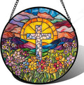 Stained Glass Window Hanging - Cross Flower Sea Sun Catcher for Door Terrace Garden Home Decor, Mountains Landscape Suncatcher Birthday Gifts for Lovers Women Men Dad Mom Nana 15 in