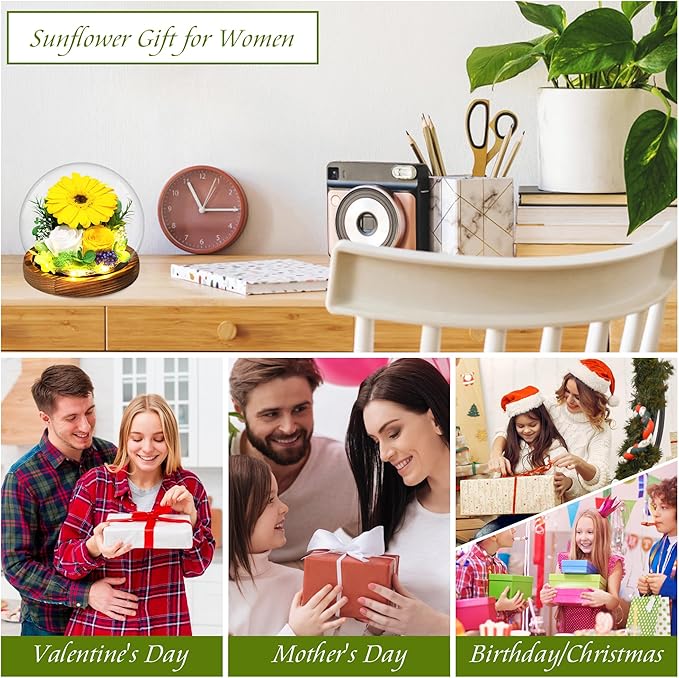 Sunflower Gifts for Women Mom Birthday Gifts for Her Preserved Real Flowers in Glass Dome with LED Strip, Forever Flowers Gifts for Wife Girlfriend Mom on Mother Day Birthday Valentine Day
