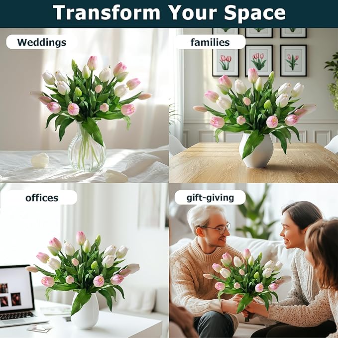 20PCS Fake Tulips Artificial Tulip Silk Flowers Fake PU Bouquet Artificial Flowers Faux Flowers with Gift Box Soft Faux Tulips Bouquets Arrangements for Party Wedding Home