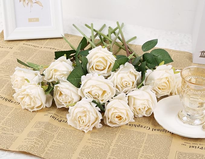 IPOPU White Roses Artificial Flowers 12pcs Vintage Dried White Flowers Artificial Roses Silk Flowers with Single Stem White Fake Rose for Wedding Centerpieces Wall Flowers Decorations (Off White)