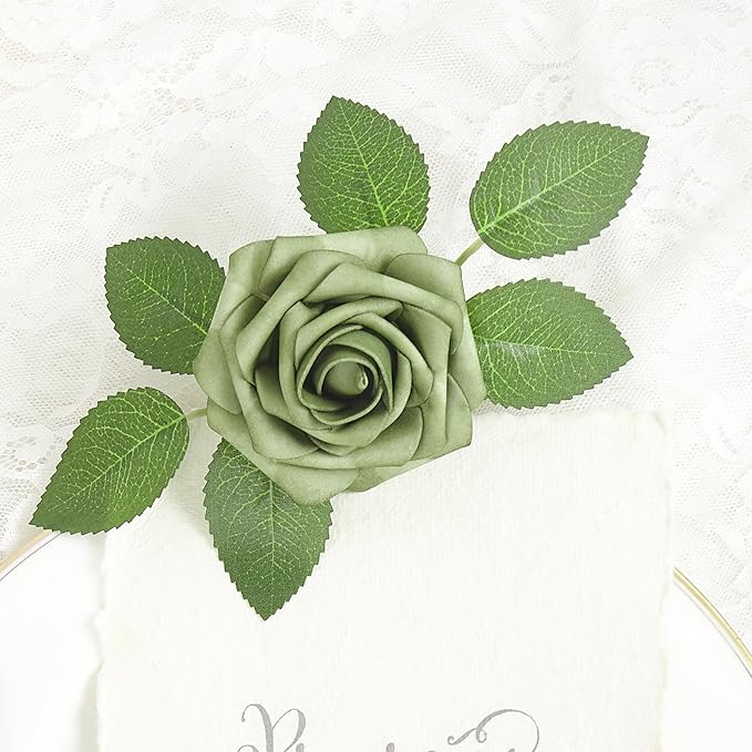 Artificial Flowers, 25pcs Artificial Rose for DIY Wedding Bouquets Centerpieces Flowers Arrangements, Elf Green Fake Flowers with Stems for Bridal Shower Graduation Events Decoration