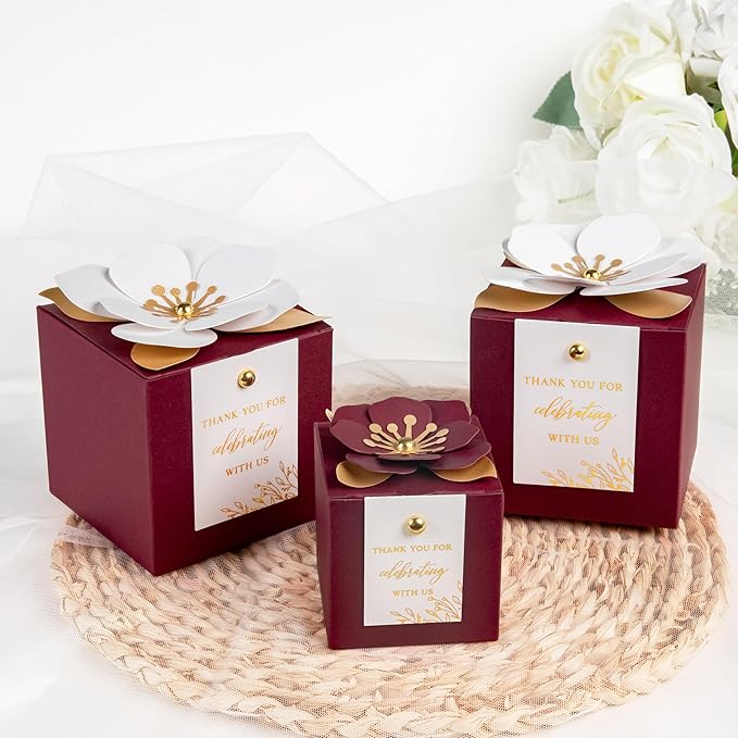 FEIYI 20 PCS Burgundy Gift Boxes, 3 In 1 Favor Boxes with Floral Decor, White Thank You Tags Gift wrapping for Wedding, Christmas, Baby Shower, Birthday, Decorations Party - 3.55x3.55x3.55
