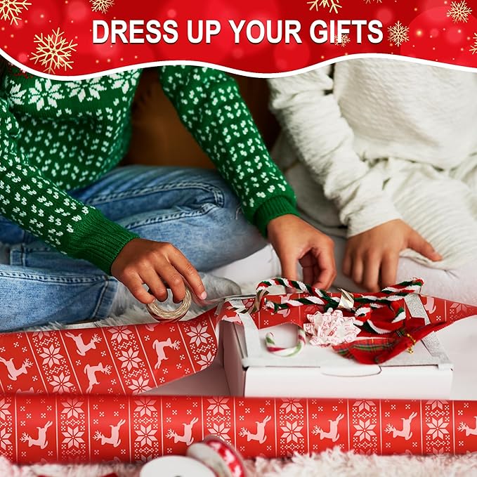 Hexablenzio Christmas Wrapping Paper Bulk Set of 4 Rolls (148 sq. ft. ttl) Santa Claus, Reindeer, Christmas Tree, Snowman Patterns for Holiday Gift Wrap - 30 inches x 14.8 feet Per Roll