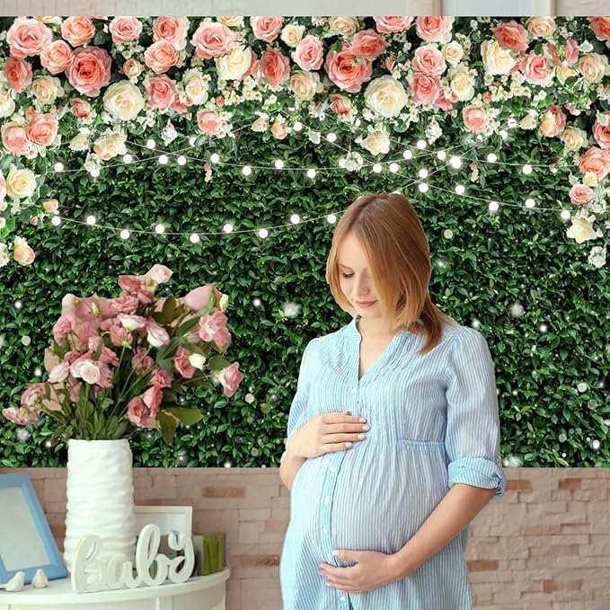 Sensfun Flower Wall Backdrop Spring Pink Rose Blossom Green Leaves Photography Background Floral Grass Birthday Baby Shower Miss to Mrs Wedding Bridal Shower Backdrops Portrait Photo Booth Props 7x5ft