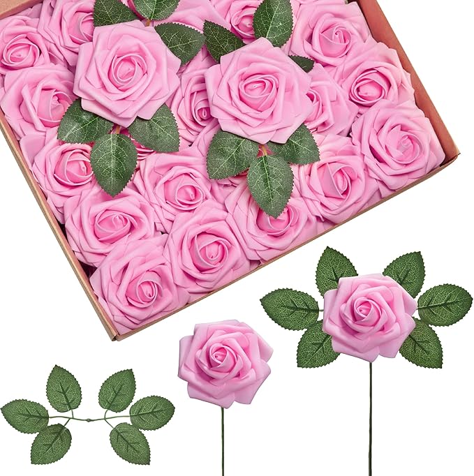 InnoGear Artificial Flowers, 100 Pcs Pink Foam Fake Roses Bulk with Stems for Decoration DIY Wedding Bouquets Centerpieces Bridal Shower Party Valentines Christmas Tree