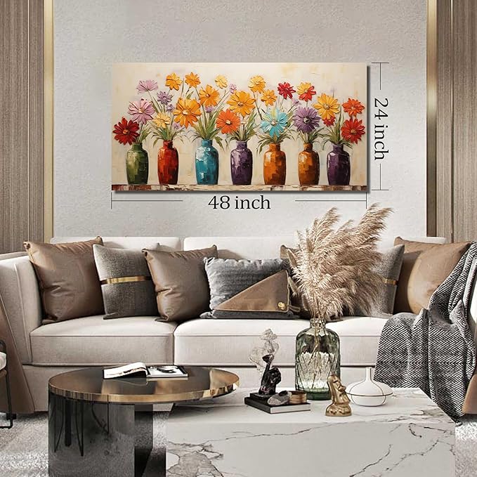 Colorful Daisy Floral Canvas Wall Art, Modern Abstract Flower in Vase Pictures for Living Room Bedroom Office Wall Decor, Horizontal Printed Painting Artwork Home Decorations, Size 40x20 Inches