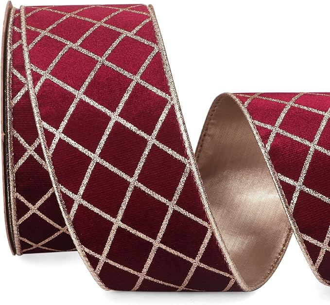 Ribbli Burgundy Velvet Ribbon Wired with Glitter Diamond Grid 2-1/2 Inch Christmas Ribbon for Christmas Tree Decoration Big Bow Gift Wrapping Crafts Wreaths Garland Supplies - 10 Yards