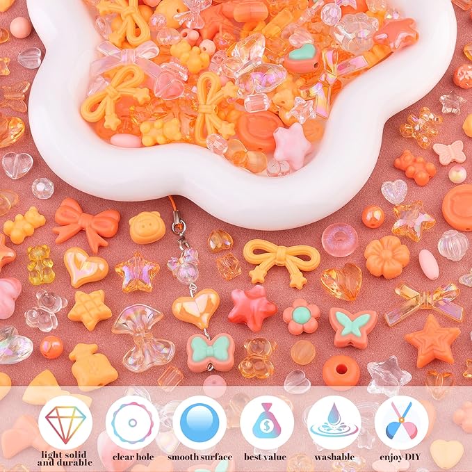 Assorted Acrylic Beads, 200-260PCS Orange Cute Beads for Bracelet Making, GummyBear Bow Flower Candy Kawaii Charms for Jewelry Making DIY Necklace Keychain Phone Charm Christmas Gift